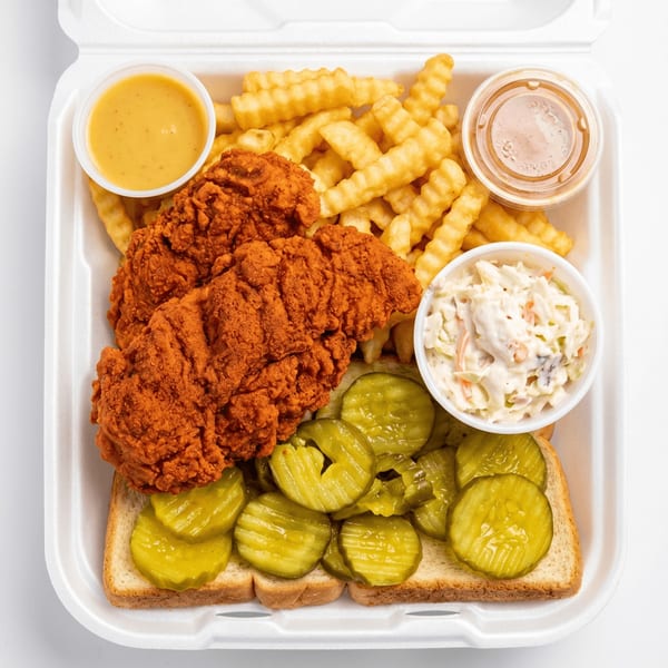 A takeout container filled with fried chicken tenders, crinkle-cut fries, coleslaw, pickles, and dipping sauces.
