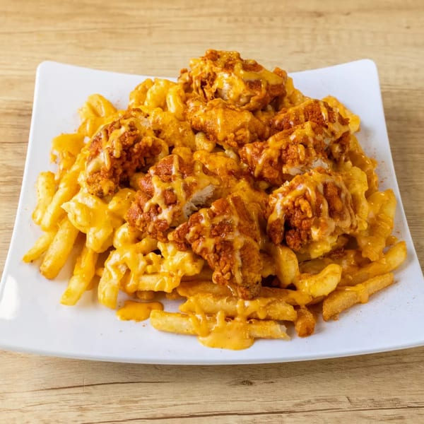 Crispy chicken pieces and french fries covered in melted cheese sauce on a white plate.