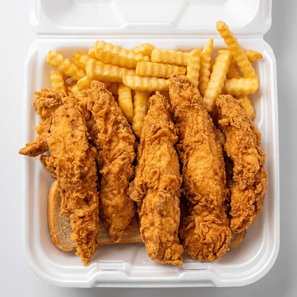 Crispy fried chicken tenders and crinkle-cut fries in a white styrofoam takeout container.