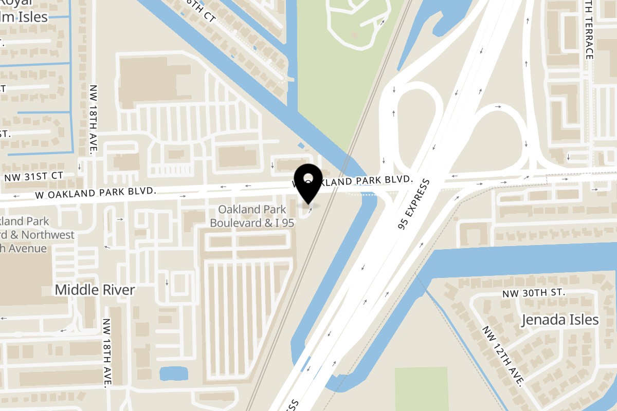 Map showing the location of Palm Beach hot chicken Oakland Park on 1500 W Oakland Park Blvd in Oakland Park
